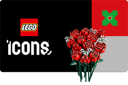 LEGO Icons Set 10328 Roter Rosenstrauß aus LEGO-Steinen auf schwarzem Hintergrund, Blume, Rose, Grafiken, Blumenstrauß, Florales Design